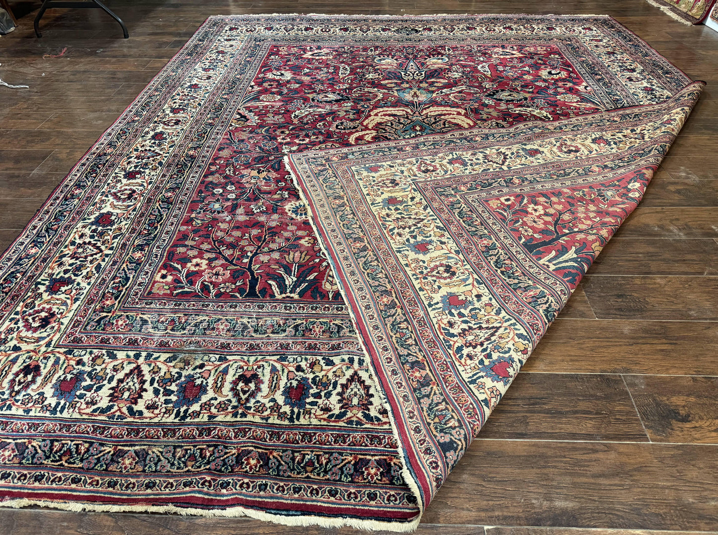 Antique Persian Mashad Rug 10x12 Hand Knotted Signed By Master Weaver Red Ivory Wool