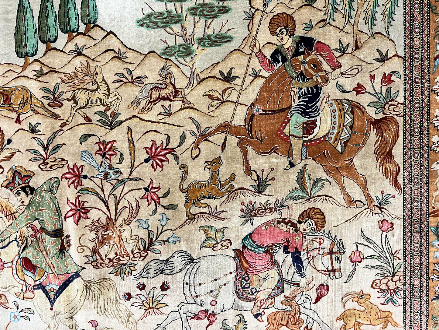 Silk Persian Qum Rug 3x5 Hunting Pattern Handmade Vintage Carpet Signed By Master Weaver