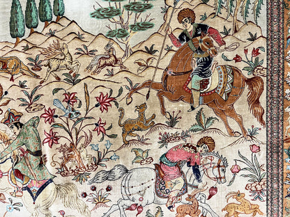 Silk Persian Qum Rug 3x5 Hunting Pattern Handmade Vintage Carpet Signed By Master Weaver