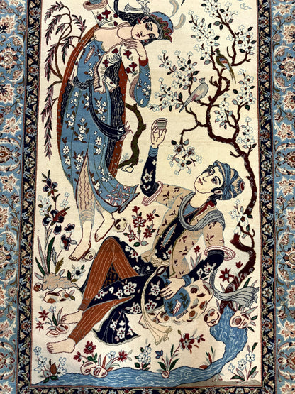Persian Isfahan Pictorial Rug, Two Lovers, Kork Wool on Silk Foundation, Ivory and Light Blue, 500 KPSI Super Fine