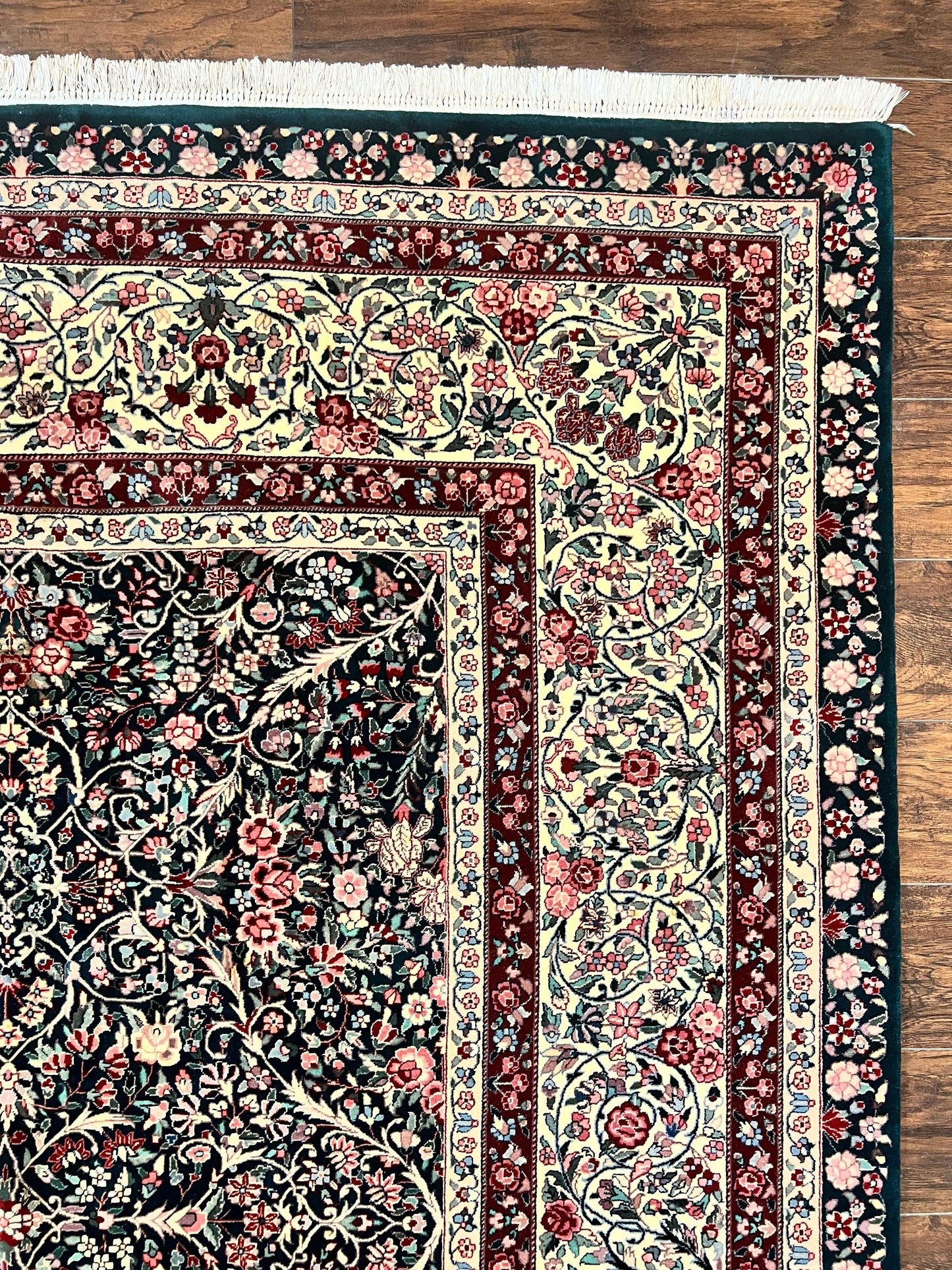 Premium Sino Persian Rug 10x14 Wool Hand Knotted Kirman Floral Dark Green Beige