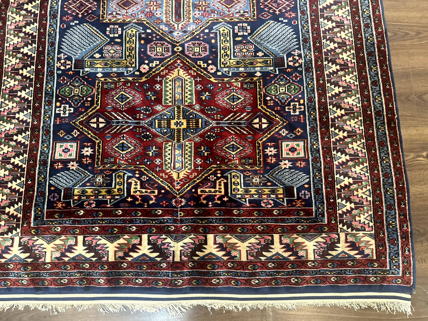 Indian Rug with Caucasian Design, 4x6 Geometric Carpet, Navy Blue and Cream