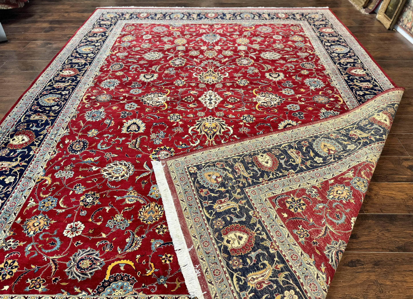 Hand Knotted Persian Rug 9x12 Red Navy Blue Floral Wool Vintage 260 KPSI Carpet
