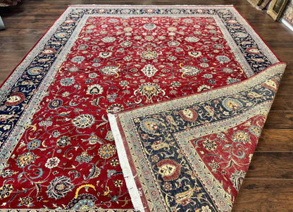 Hand Knotted Persian Rug 9x12 Red Navy Blue Floral Wool Vintage 260 KPSI Carpet