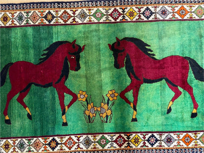 Handmade Wool Pictorial Horses Rug 4x7 Green Butterfly Colorful