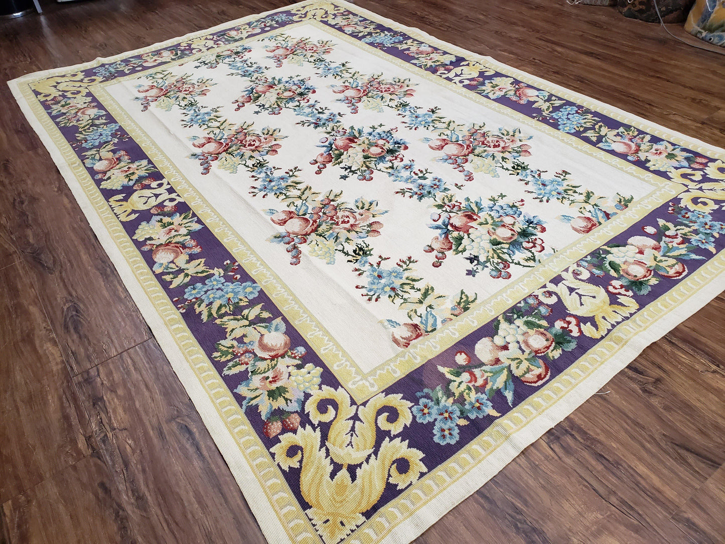 Vintage Chinese Floral Needlepoint Rug Wool Handwoven Flatweave Area Rug 6x9 Ivory Purple Dining Room