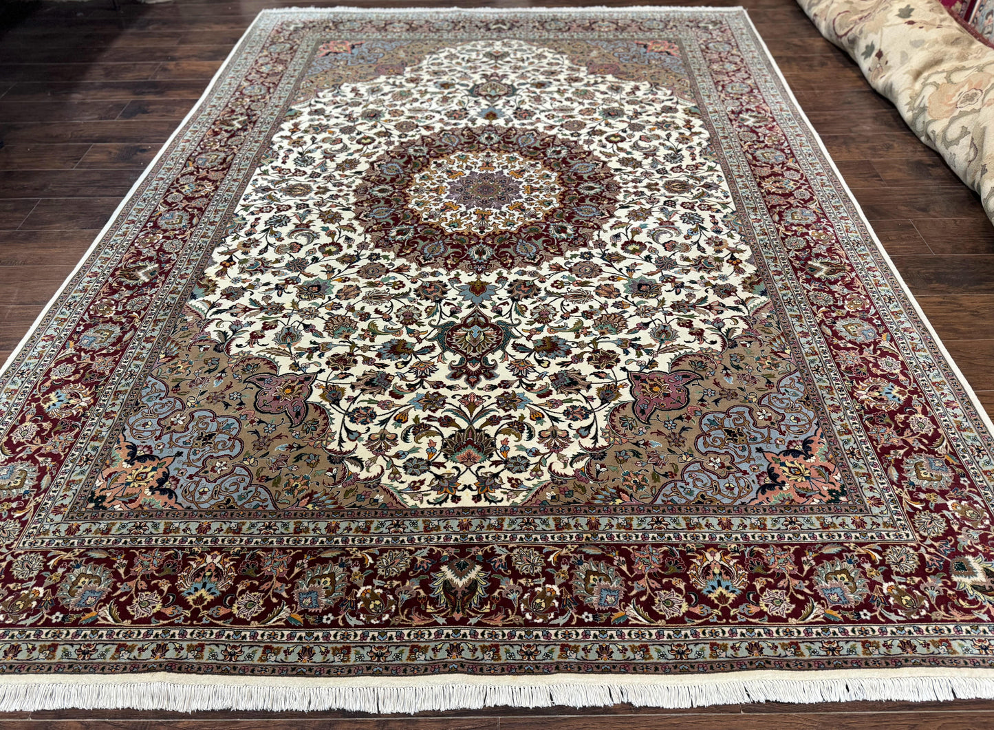 Persian Tabriz Rug Hand Knotted 8x11 Floral Medallion Traditional Area Rug Fine Wool 300 KPSI Ivory Maroon