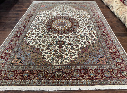 Persian Tabriz Rug Hand Knotted 8x11 Floral Medallion Traditional Area Rug Fine Wool 300 KPSI Ivory Maroon