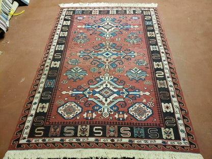 Vintage Russian Kilim Rug Soumak Flat Weave Wool 4x6 Caucasian Handmade 1980s