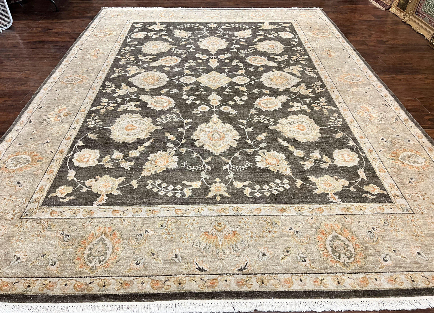 Indo Persian Rug 9x12 Hand Knotted Wool Vintage Floral Dark Brown Carpet
