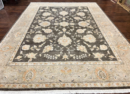 Indo Persian Rug 9x12 Hand Knotted Wool Vintage Floral Dark Brown Carpet