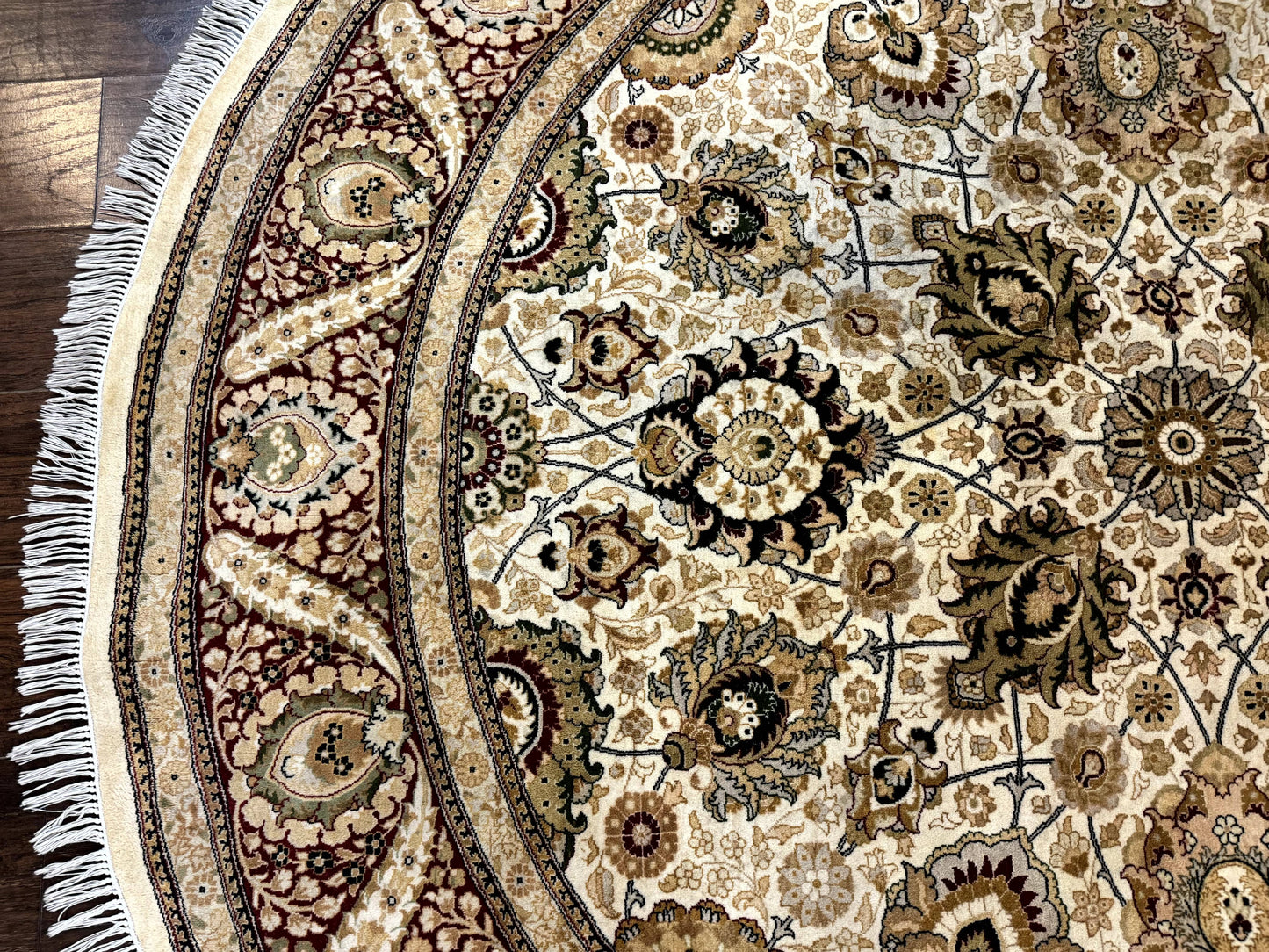 Round Pak Persian Rug 8x8, Vintage Handmade Wool Traditional Carpet, Beige Dark Red, Fine 270 KPSI