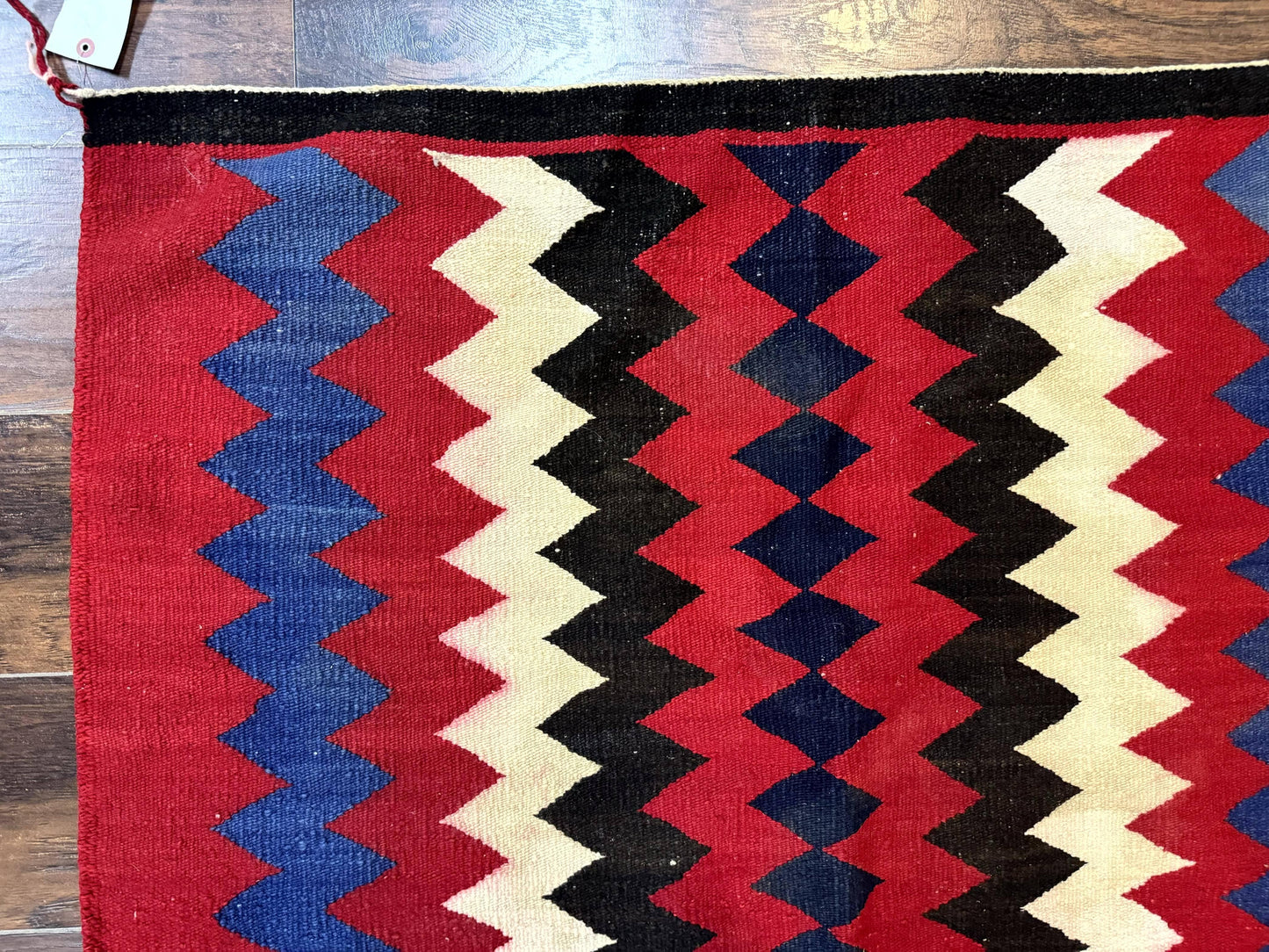 Antique Navajo Rug Handmade Wool Area Rug With Red Ivory Blue Zigzag Pattern