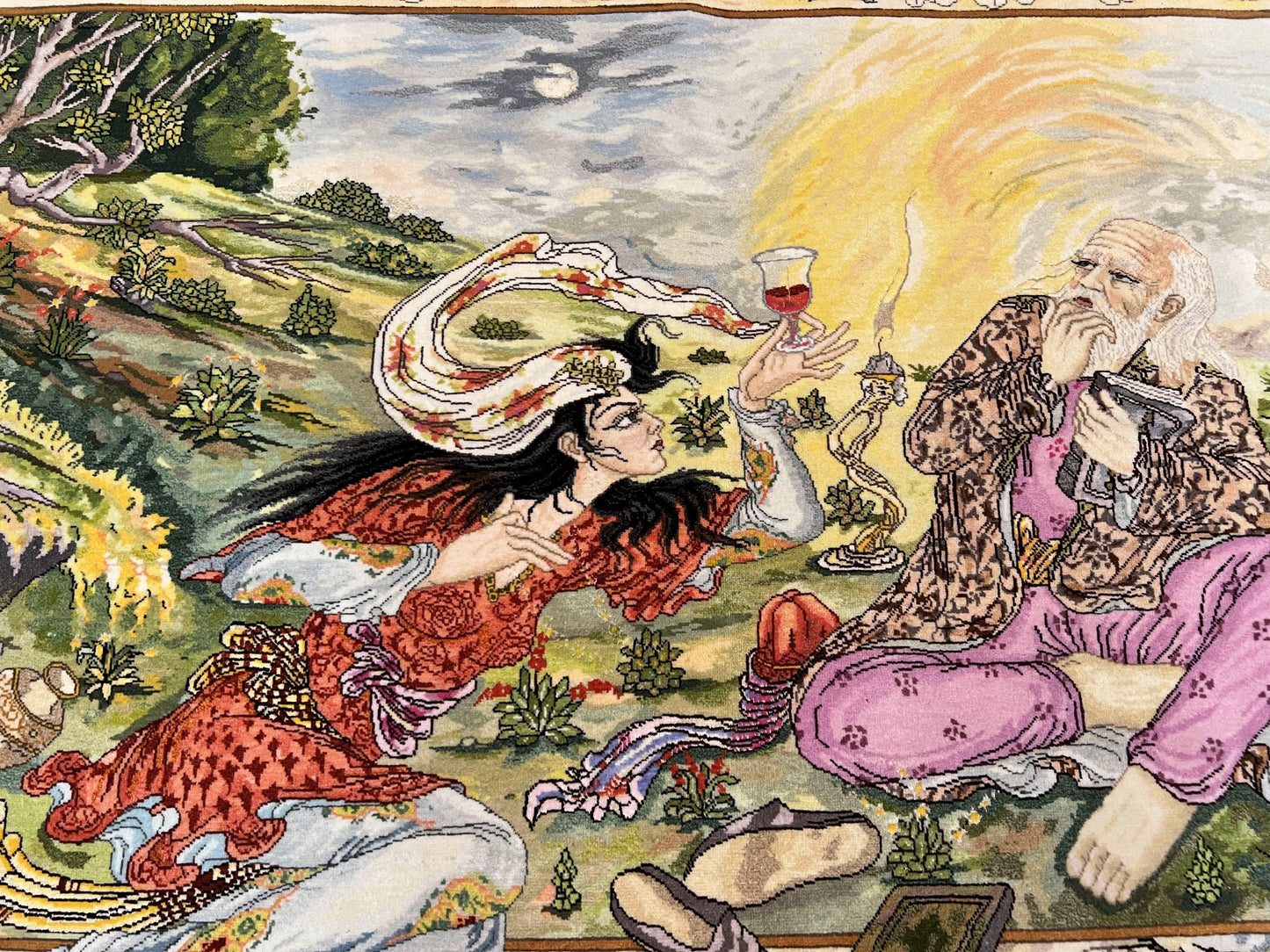 Persian Tabriz Pictorial Rug Hand Knotted Wool 5x3 Hafez Poetry Border