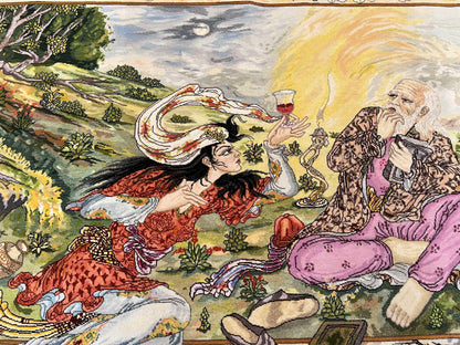 Persian Tabriz Pictorial Rug Hand Knotted Wool 5x3 Hafez Poetry Border