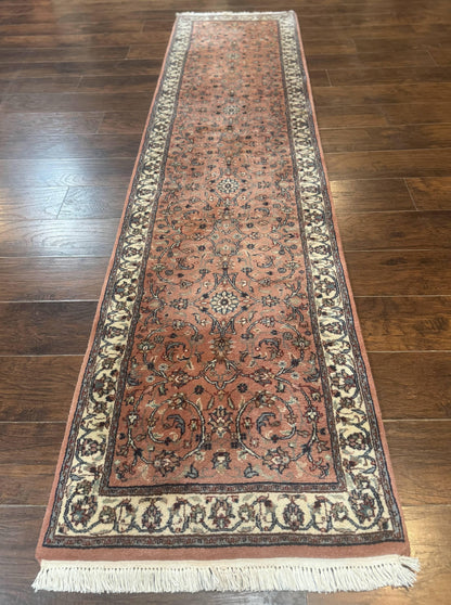 Indo Persian Runner Rug 2.6 x 10, Coral and Cream, Hand Knotted 10ft Wool Oriental Runner for Hallway or Kitchen