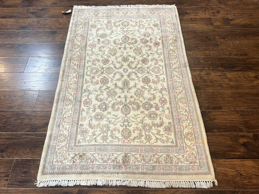 Indo Persian Rug 4x6 Vintage Handmade Wool Carpet With Floral Allover Pattern Beige