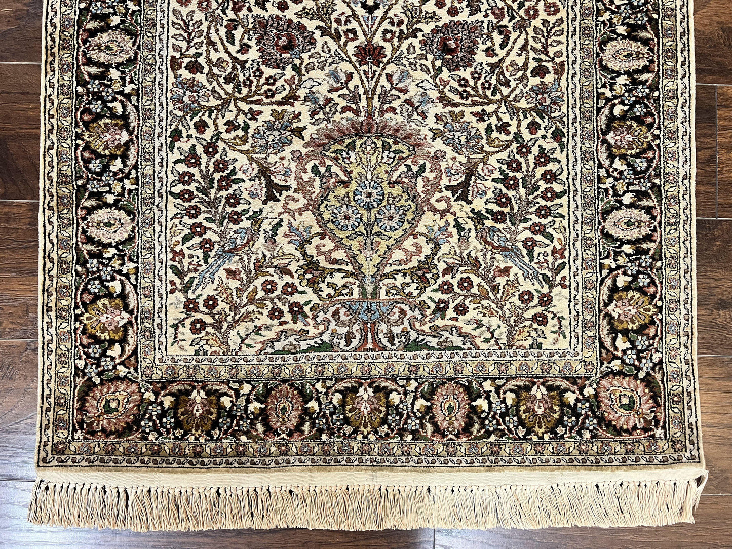 Turkish Kayseri Silk Rug 3x5, Tree of Life Silk Oriental Carpet, Birds Persian Vase Design, Hand Knotted Vintage Fine Rug, 340 KPSI