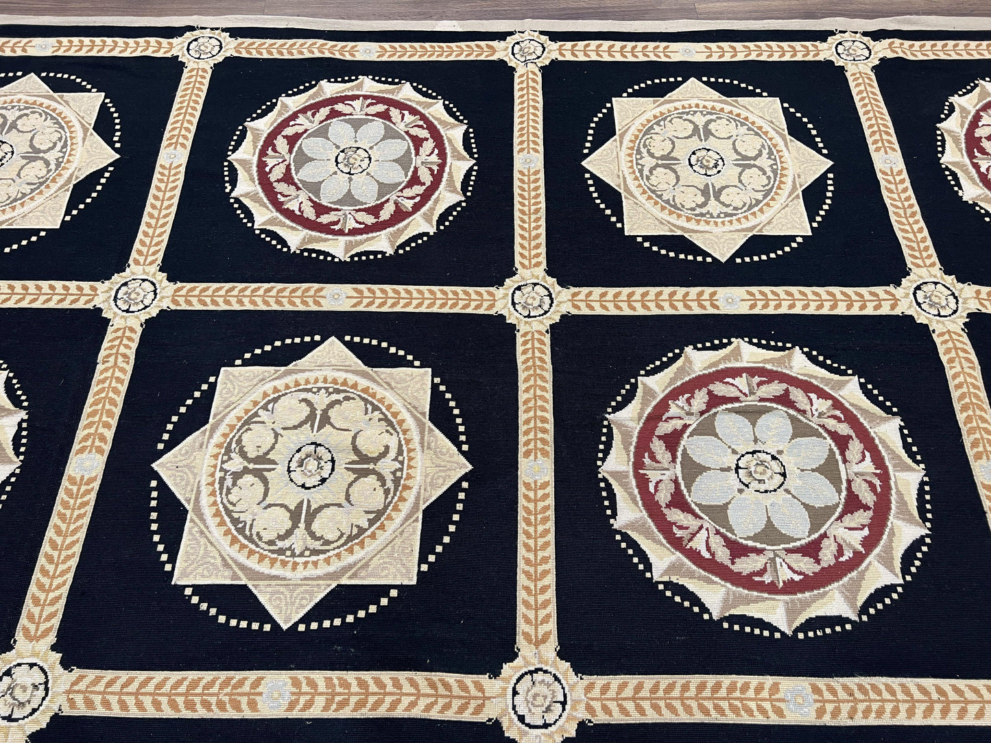 Large Needlepoint Rug 10x13, Panel Design, Black and Beige, Wool Needlepoint Carpet 10 x 13, English Garden, Handwoven Area Rug, Living Room