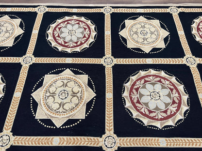 Large Needlepoint Rug 10x13, Panel Design, Black and Beige, Wool Needlepoint Carpet 10 x 13, English Garden, Handwoven Area Rug, Living Room