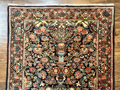 Persian Saoruk Rug 4x5 Navy Blue Red Floral Antique Wool Carpet Handmade
