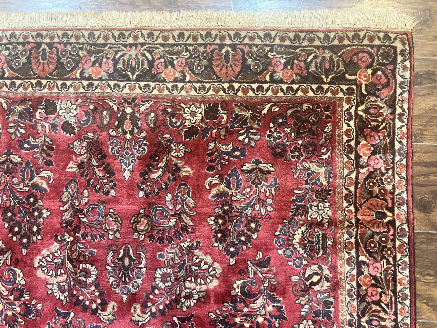 Antique Persian Sarouk Rug 4x7, Hand Knotted Wool Red Persian Carpet, Floral
