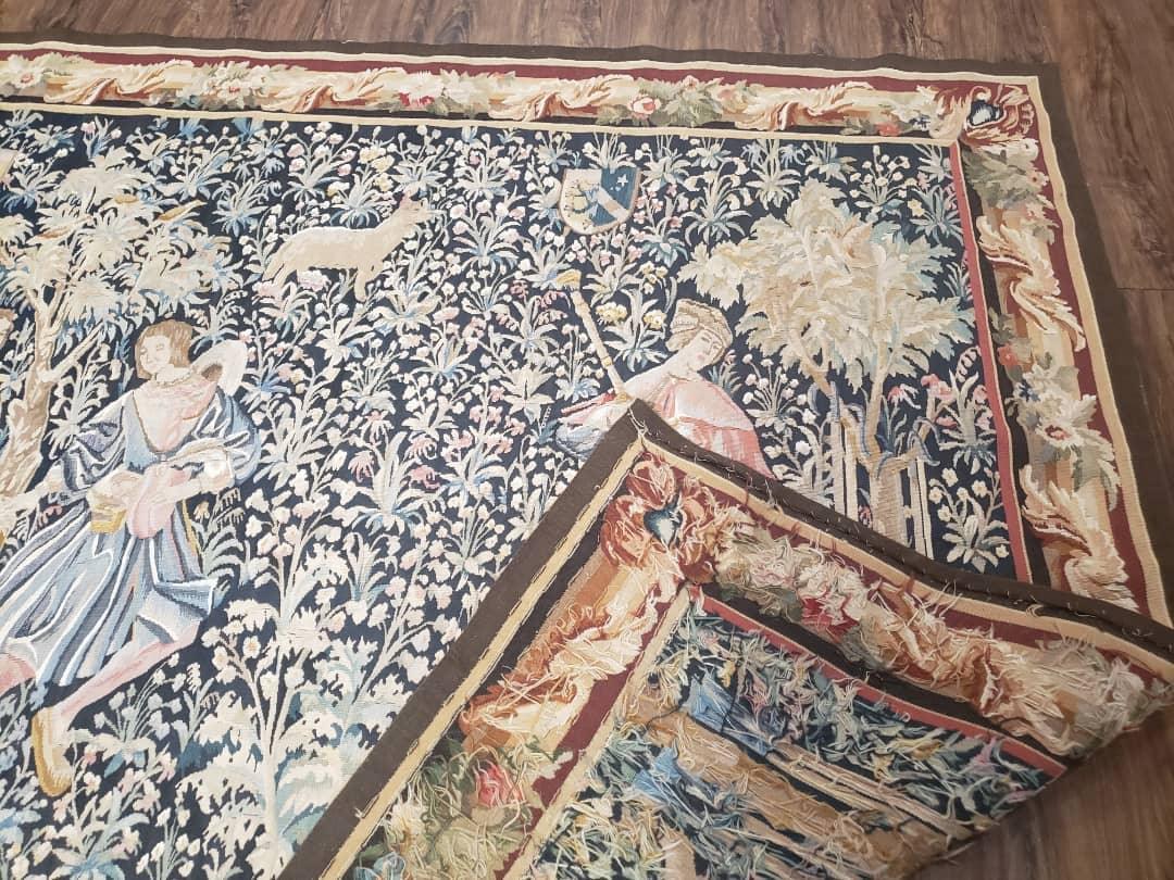 Vintage European Tapestry Aubusson Weave Wool Wall Hanging Courtship Scene Animals