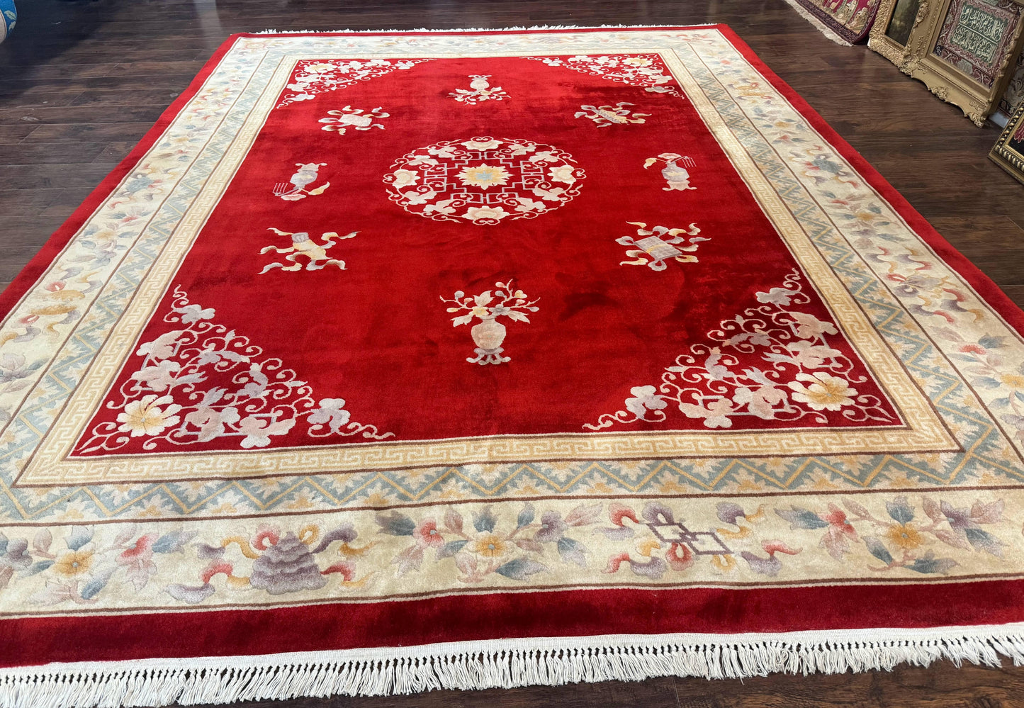 Chinese Wool Rug 8.6 By 11 Vintage Handmade Carved Chinese Oriental Carpet Plush Pile Semi Open Field