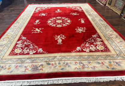 Chinese Wool Rug 8.6 By 11 Vintage Handmade Carved Chinese Oriental Carpet Plush Pile Semi Open Field