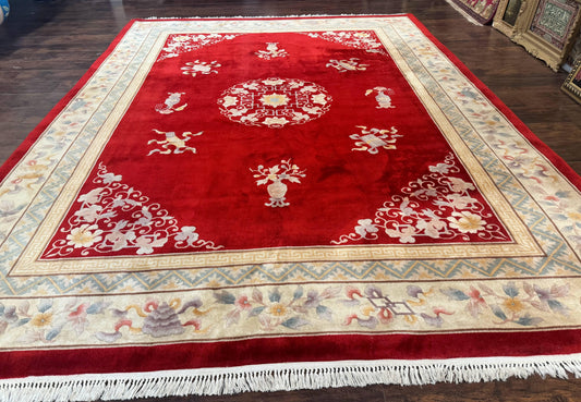 Chinese Wool Rug 8.6 By 11 Vintage Handmade Carved Chinese Oriental Carpet Plush Pile Semi Open Field