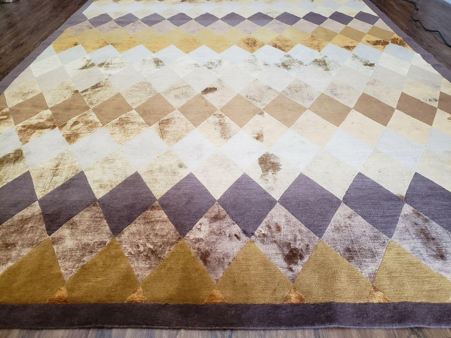 Hand Knotted Tibetan Rug 8.6 x 11 Wool and Silk Multicolor Diamond Panel Design