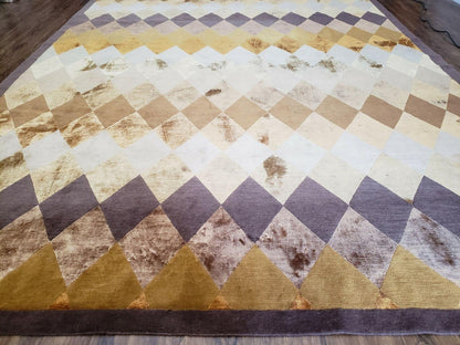 Hand Knotted Tibetan Rug 8.6 x 11 Wool and Silk Multicolor Diamond Panel Design