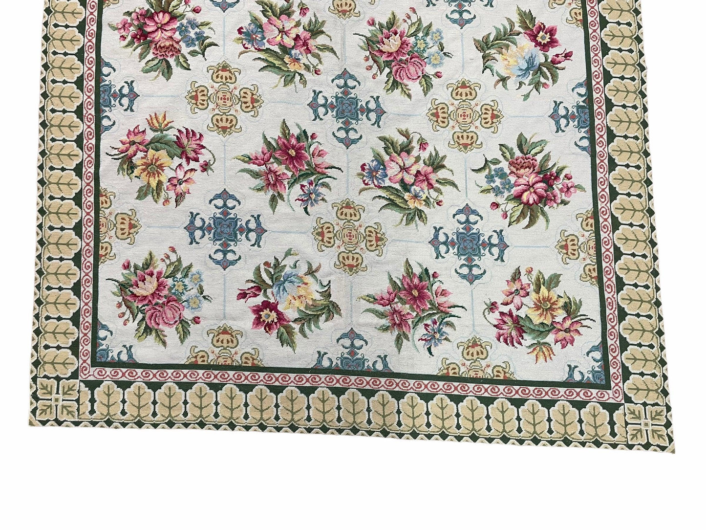 Hand-Knotted Needlepoint Carpet 6x9, Ivory/Cream Background, Colorful Flowers, Yellow Border, Aubusson Rug 6 x 9, New, Handmade