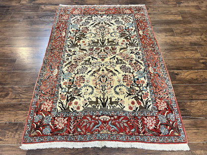 Persian Tree of Life 5x7, Qum Rug, Animal Motifs, Deer Birds, Fine 225 KPSI, Semi Antique Wool Rug, Cream Red