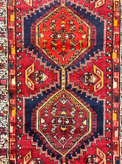Persian Heriz Runner Rug 3.7 x 11, Persian Tribal Runner, Handmade Wool, Medallions, Geometric, Red, Antique Vintage Hand Knotted Rug