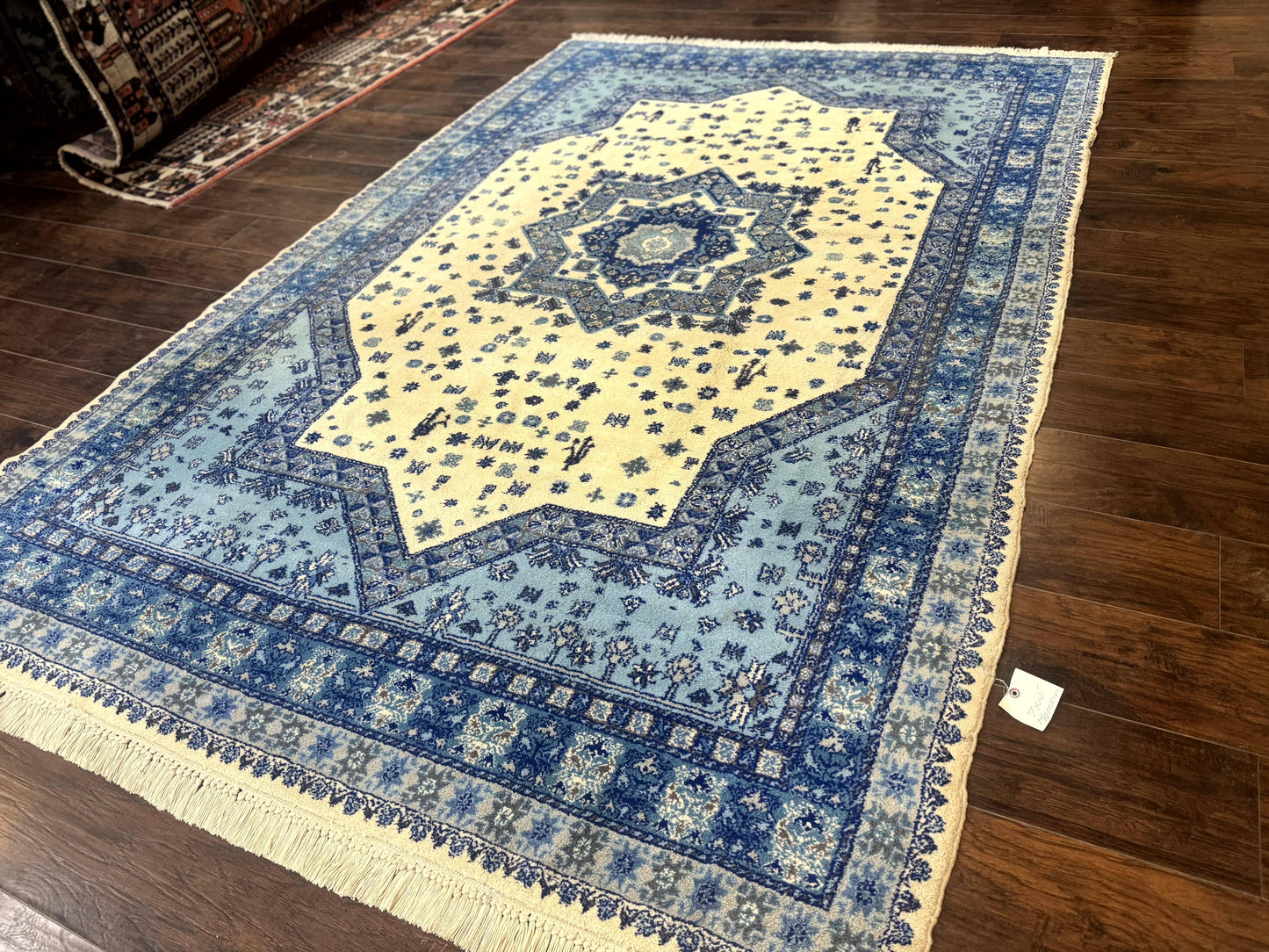 Moroccan Rug 7x10 Geometric Medallion Blue Ivory Hand Knotted Wool Area Rug