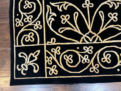 Tibetan Rug 8x10 Wool Silk Handmade With Raised Pattern Black And Gold Floral