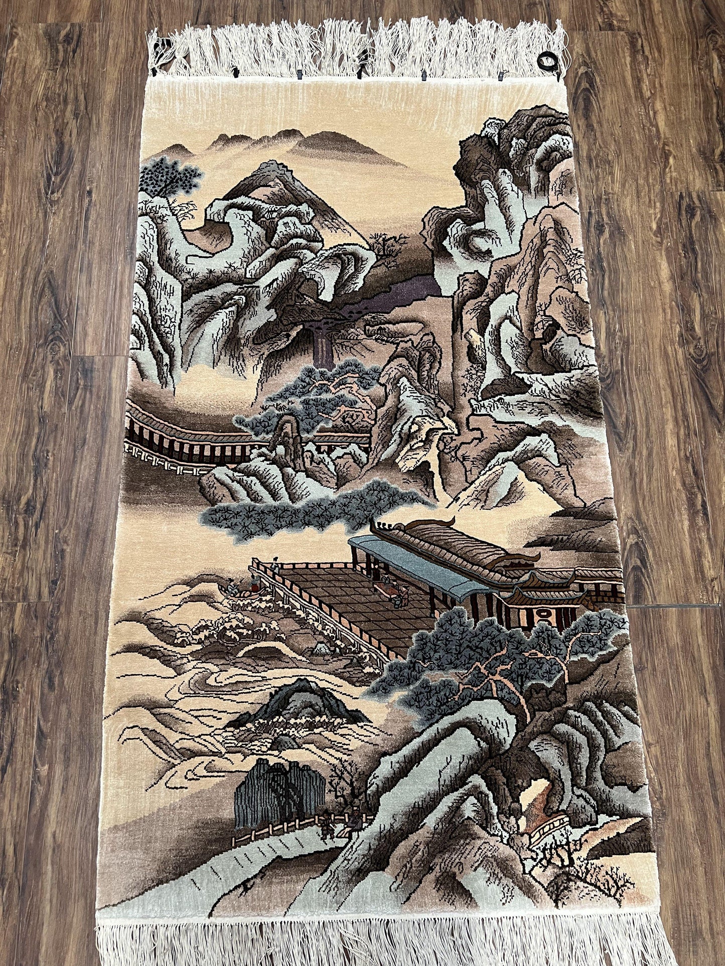 Silk Chinese Wall Hanging Rug 3x6 ft Tapestry, Pagoda Scene, Pictorial, High Quality Fine Hand Knotted Vintage, Asian Oriental Handmade Nice