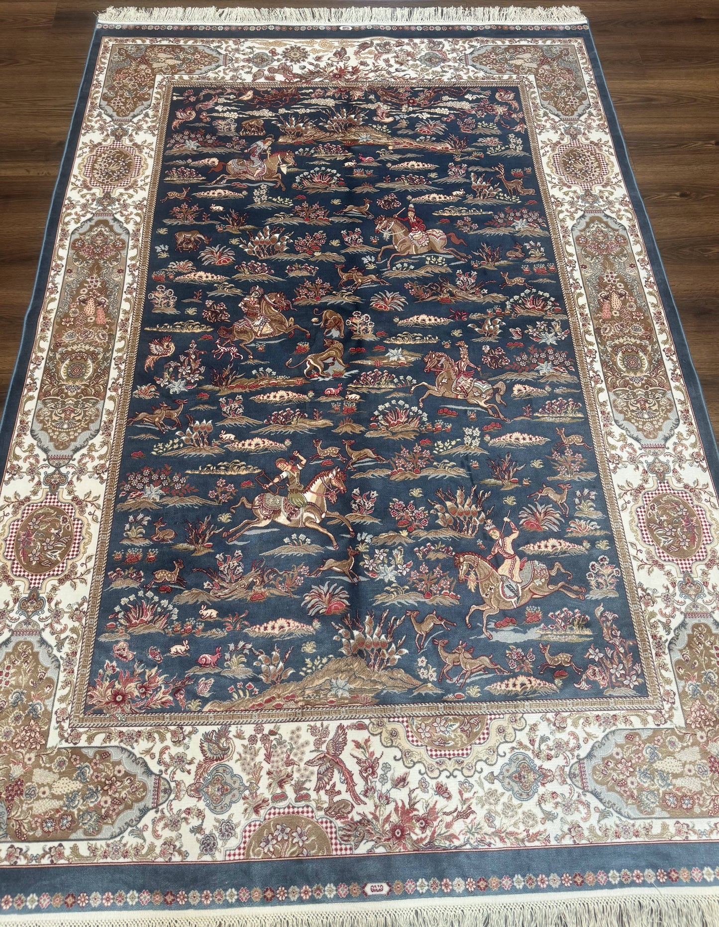 Bamboo Silk Rug Hunting Design 5x8 Steel Blue Ivory Contemporary Area Rug