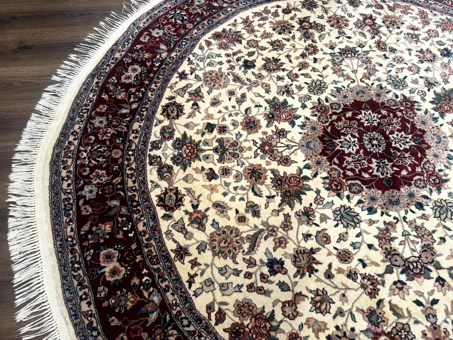 Sino Persian Round Rug 8x8 Wool And Silk Floral Medallion Ivory Red