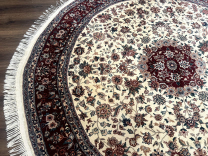 Sino Persian Round Rug 8x8 Wool And Silk Floral Medallion Ivory Red
