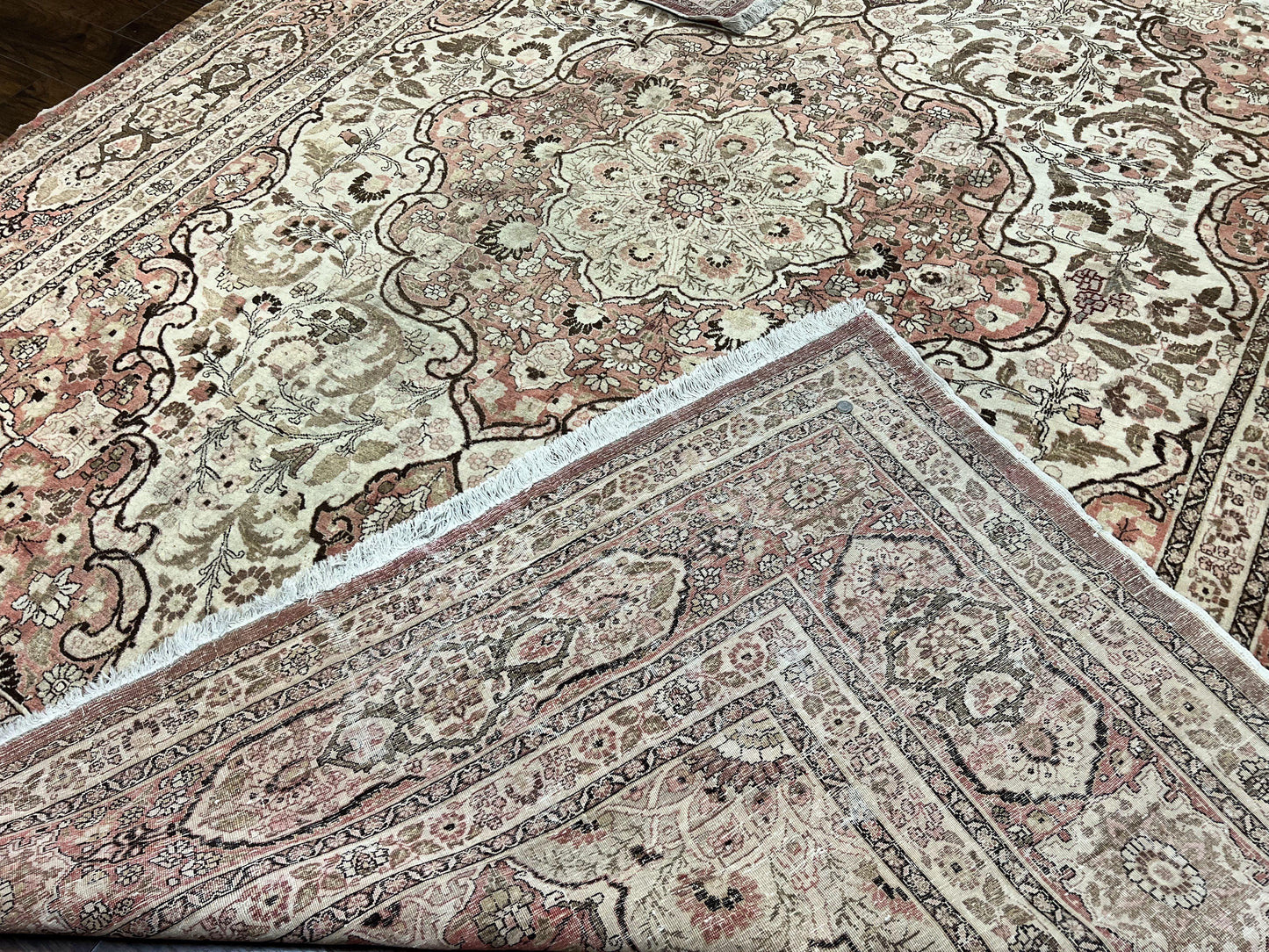 Antique Persian Tabriz Rug 10x12 Hand Knotted Wool Carpet Floral Medallion Beige and Light Red