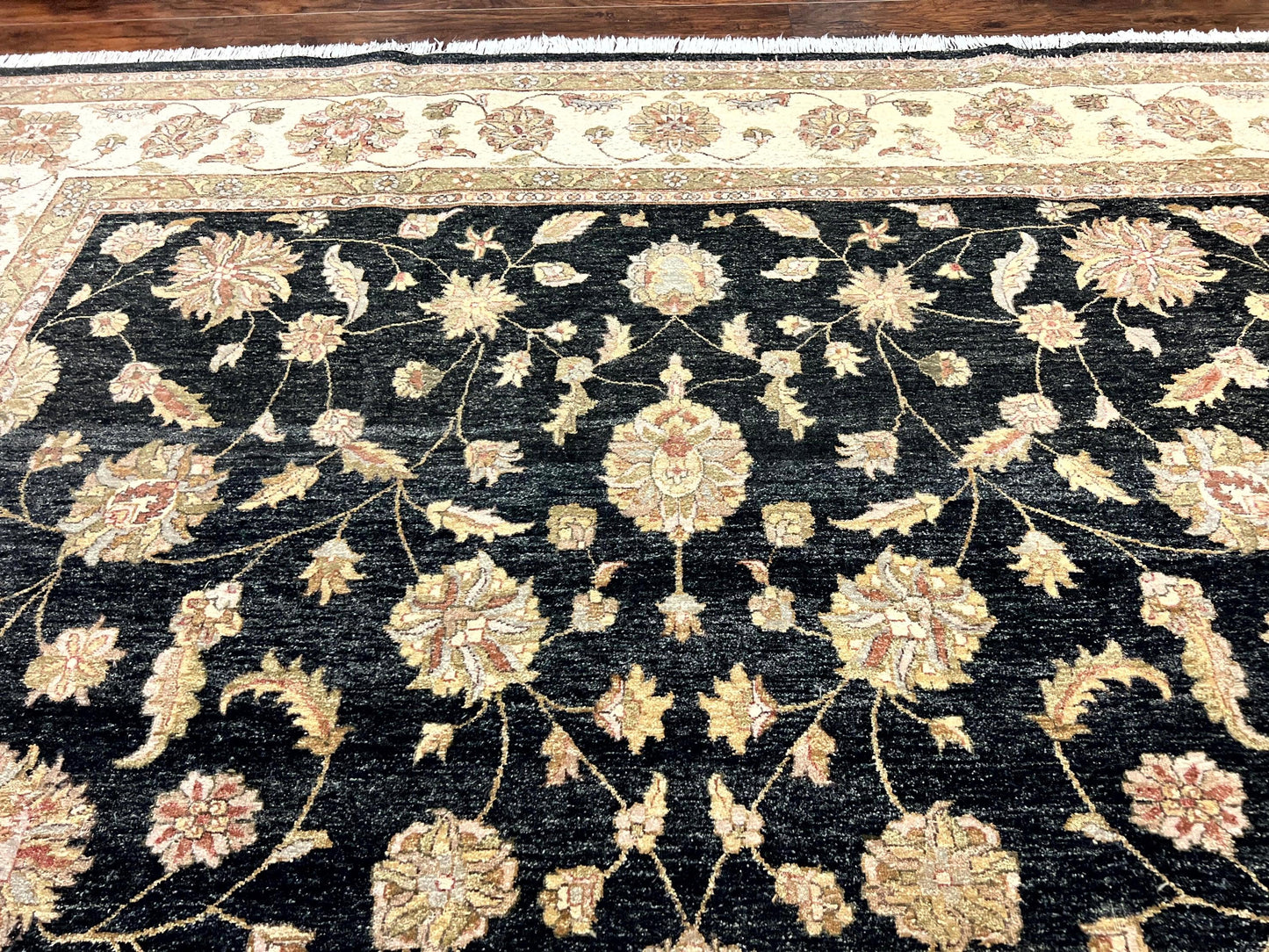 Indo Persian Rug 10x14, Charcoal and Beige, Floral Allover, Handmade Vintage Wool Carpet