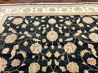 Indo Persian Rug 10x14, Charcoal and Beige, Floral Allover, Handmade Vintage Wool Carpet