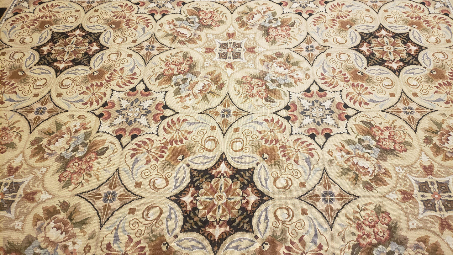 Needlepoint Rug 8x10ft Hand Knotted Wool Aubusson Flower Design Area Rug