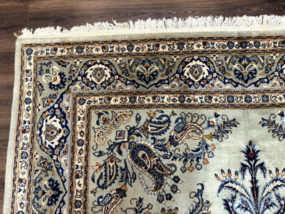 Persian Kashan Rug 7x10 Handmade Wool Light Green Blue Vintage Carpet