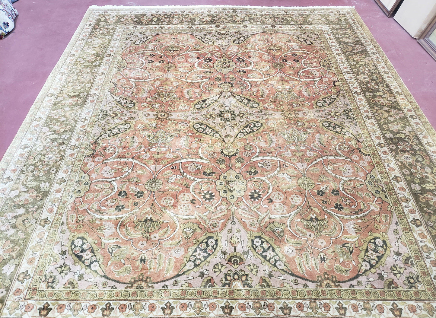 Indo Persian Rug 8x10, Vintage Indian Rug 8 x 10, Fine Hand-Knotted Wool Rug, Rose Clay Red Beige Brown Handmade Area Rug, Floral Medallion