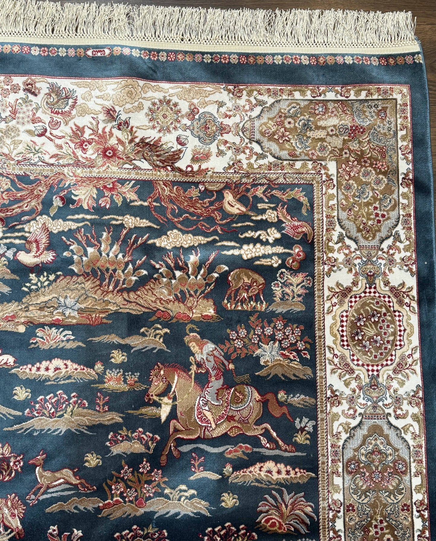 Turkish Silk Hunting Design Rug 4x6 in Dark Steel Blue and Ivory, Bamboo Silk