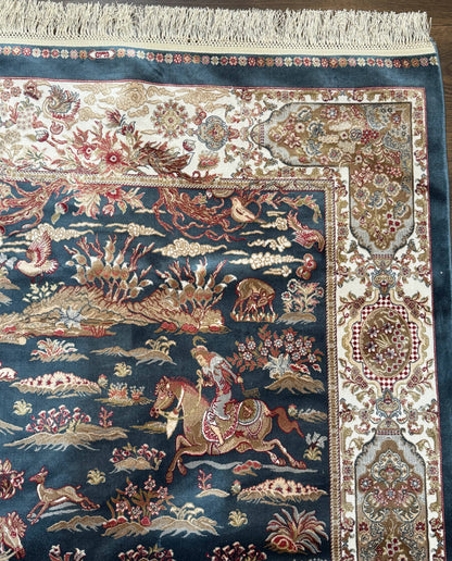 Turkish Silk Hunting Design Rug 4x6 in Dark Steel Blue and Ivory, Bamboo Silk