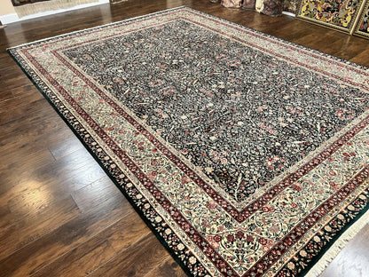 Premium Sino Persian Rug 10x14 Wool Hand Knotted Kirman Floral Dark Green Beige